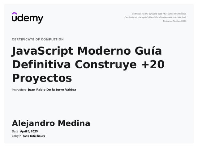 Certificación de JavaScript en Udemy